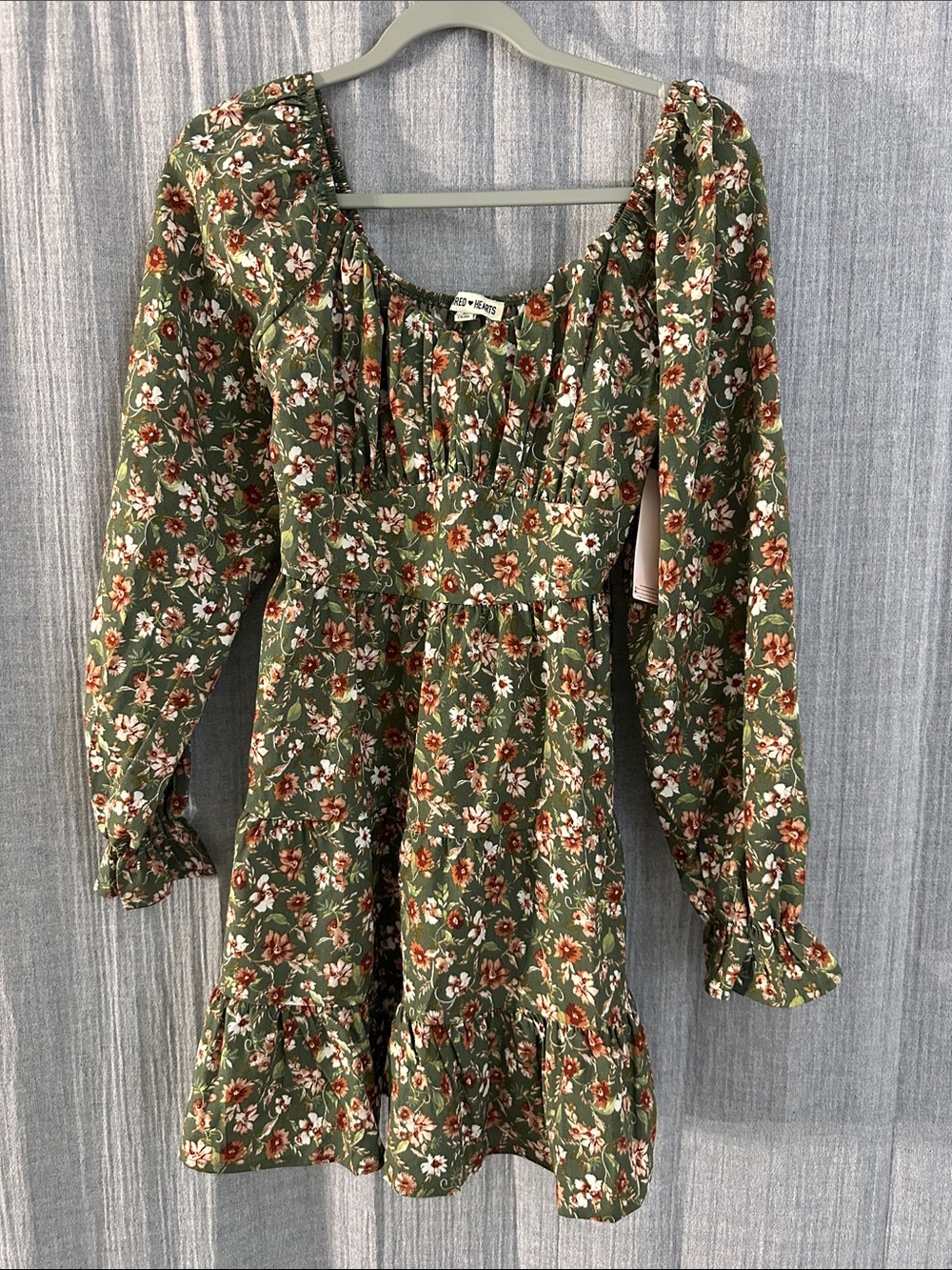 Inspired Hearts- Olive Green Floral Long Sleeve Prairie Dress